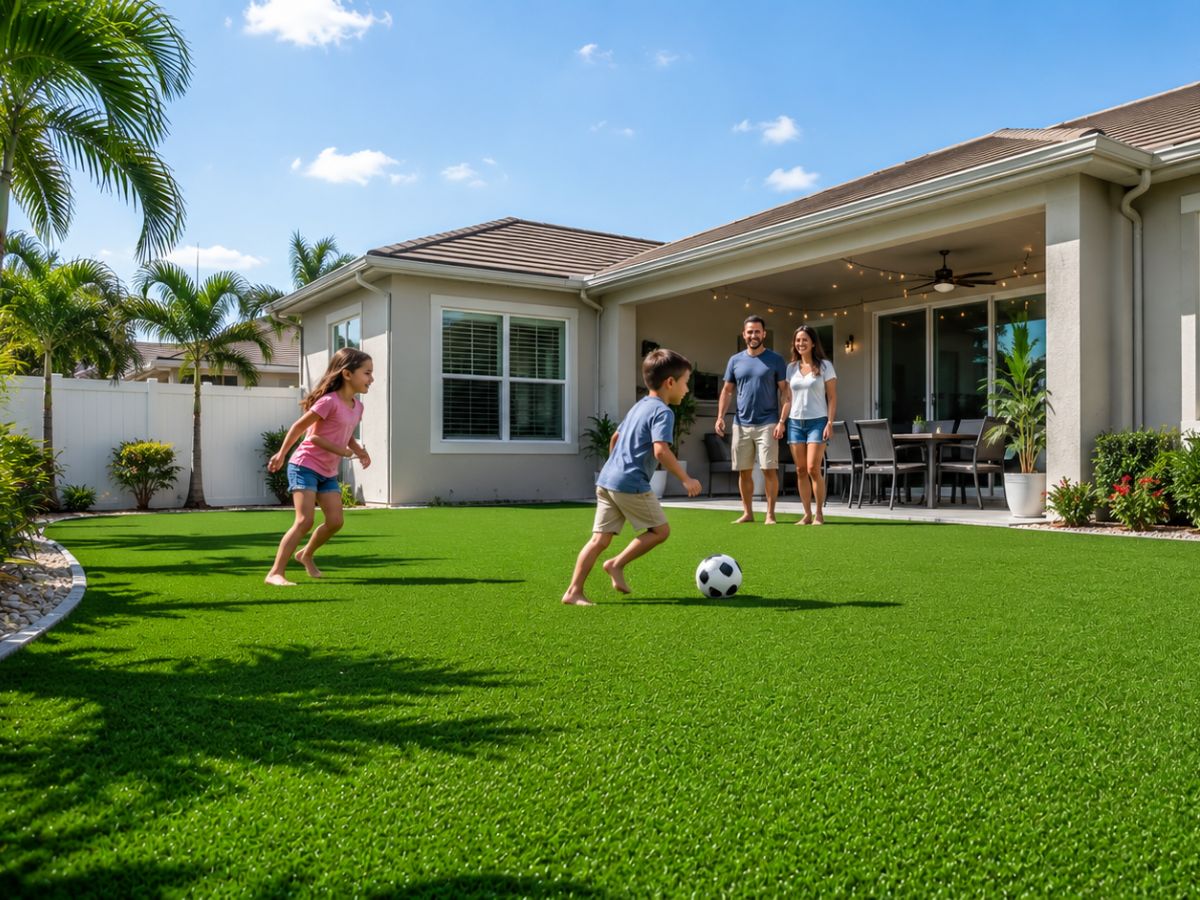 Family enjoying a residential artificial grass lawn in Orlando, FL